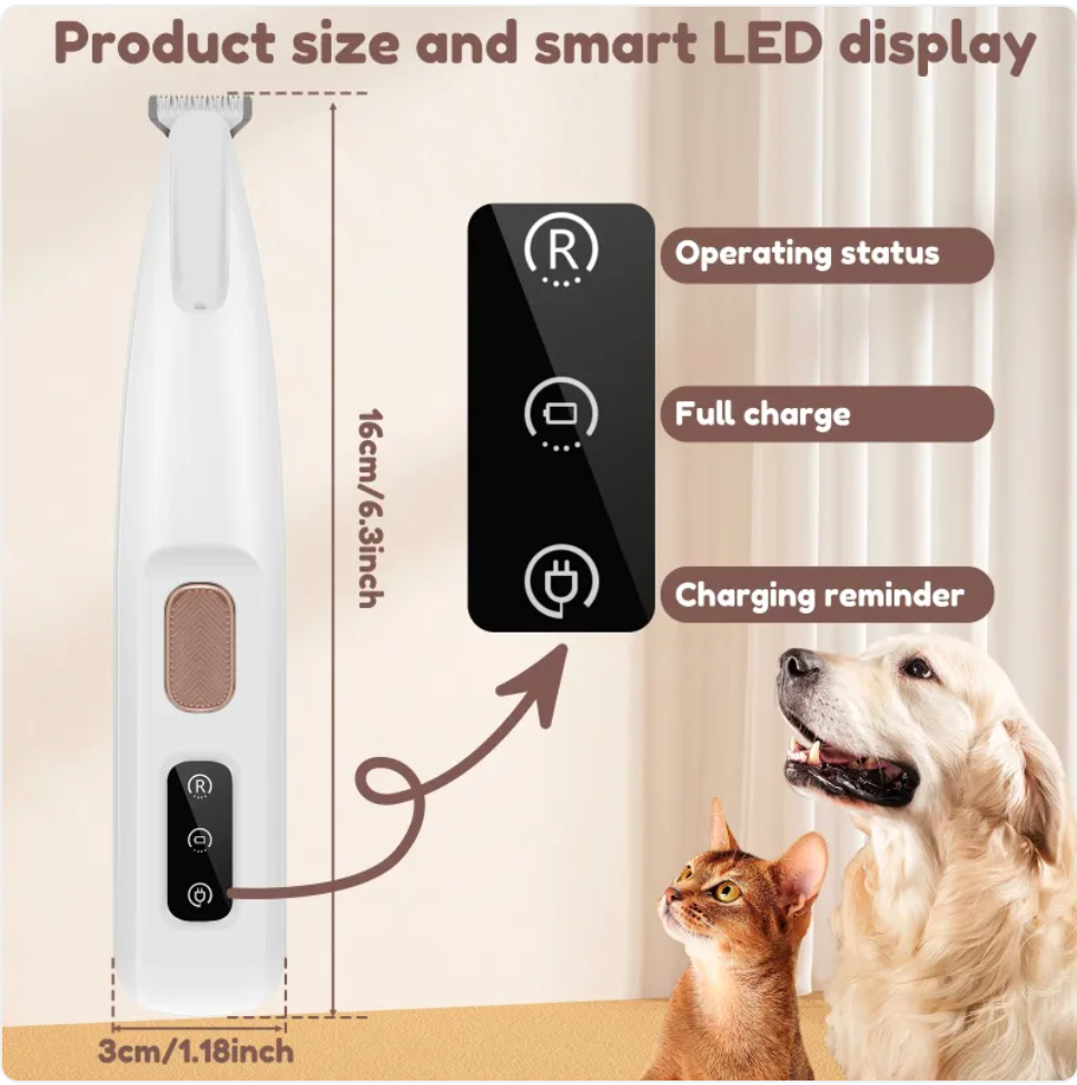 PawTec Precision Paw Trimmer shown with its dimensions and digital display icons for power and charging status