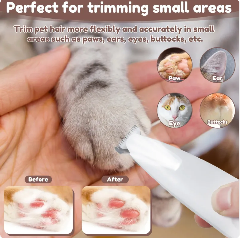 PawTec Precision Paw Trimmer used on a cat's paw, with a before-and-after comparison of the trimmed area