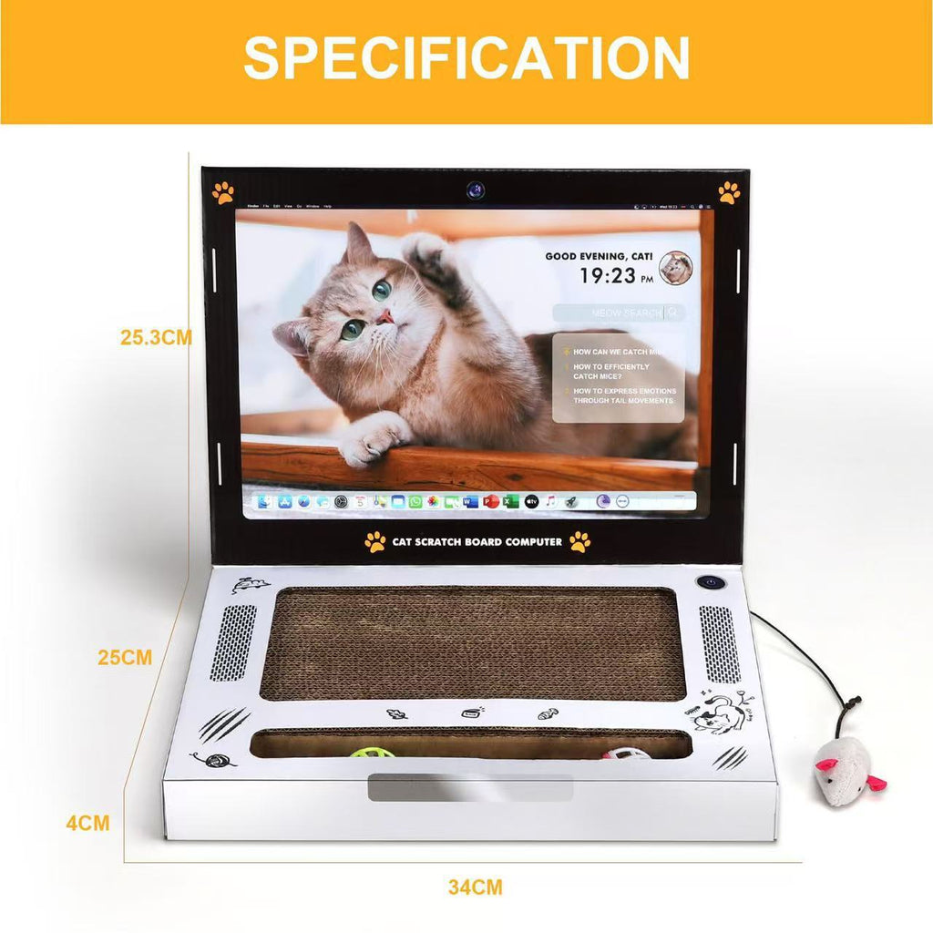 PawTec Foldable Laptop-Style Cat Scratcher shown open, with its folded dimensions labeled