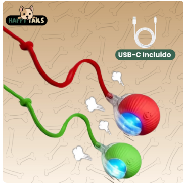 Red and green PawTec Smart Rolling Pet Balls shown together with their rope attachments and USB charging cable