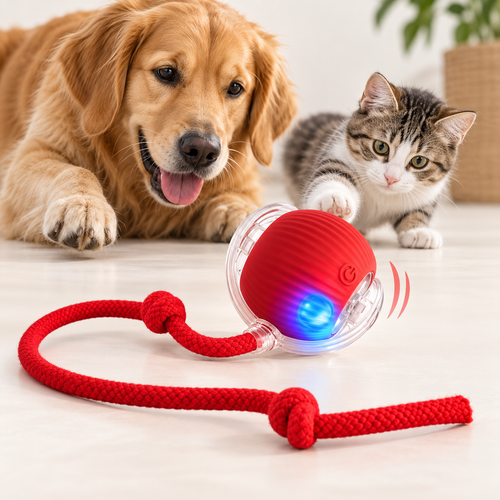 Golden retriever and cat lying together indoors next to the PawTec Smart Rolling Pet Ball and its light-up rope toy