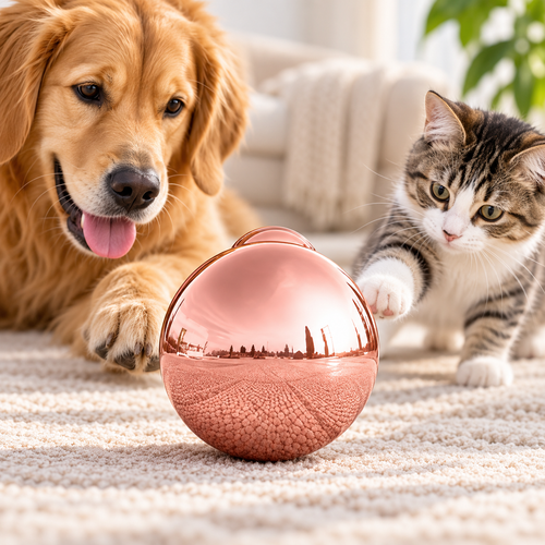 Golden retriever and cat sitting together indoors with the PawTec Reusable Pet Hair Remover in rose gold