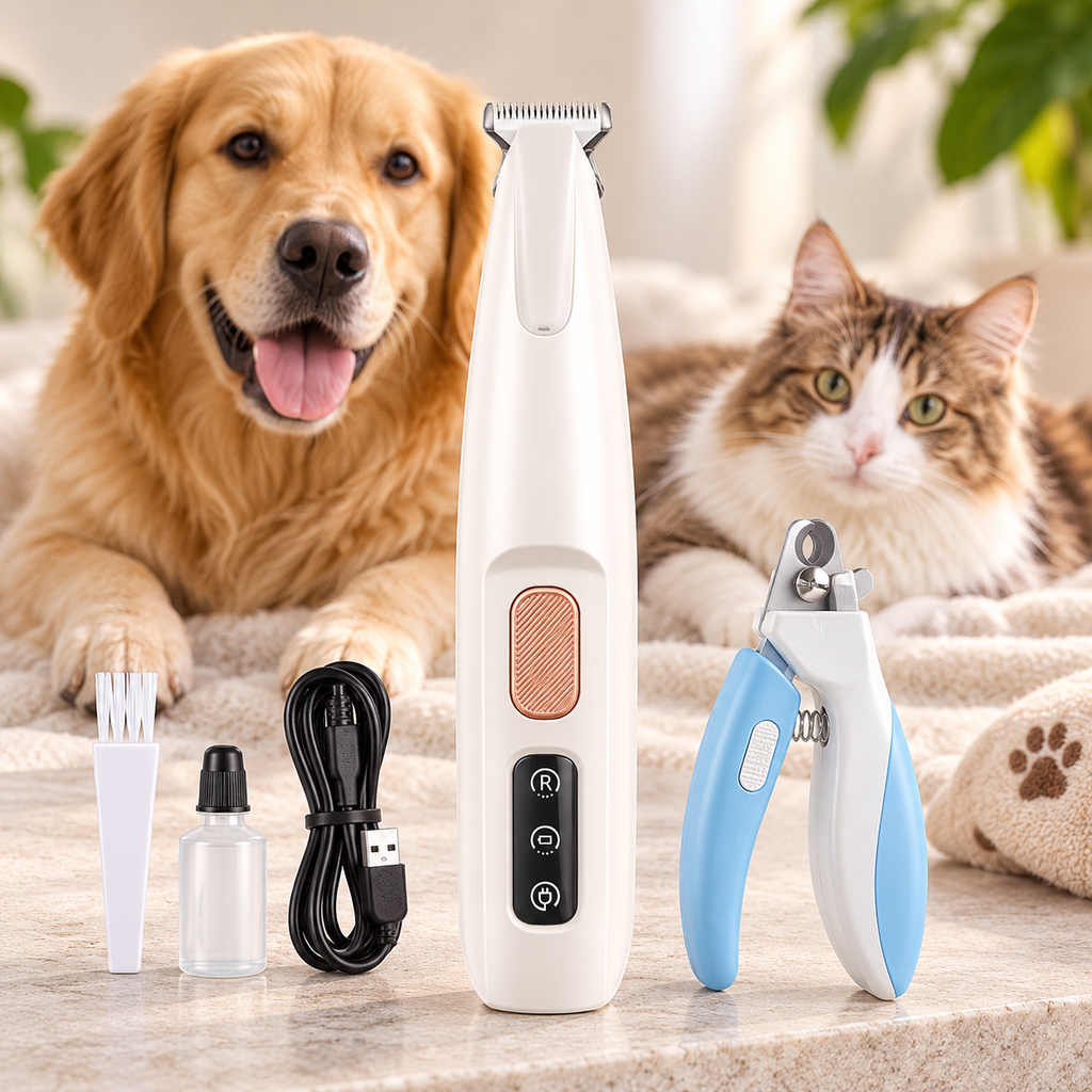 Golden retriever and cat sitting together indoors with the PawTec Precision Paw Trimmer and nail clipper set