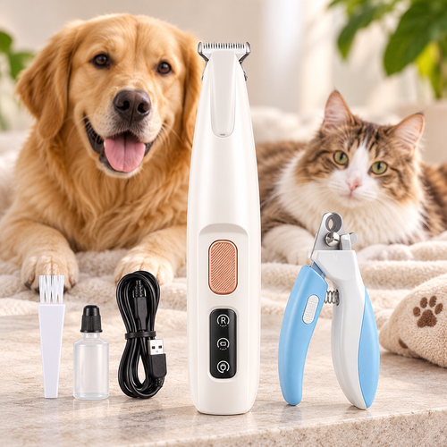 Golden retriever and cat sitting together indoors with the PawTec Precision Paw Trimmer and nail clipper set