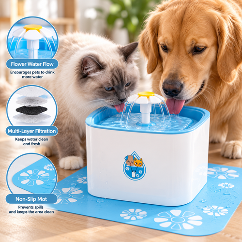 Golden retriever and cat resting indoors near the PawTec Automatic Pet Water Fountain