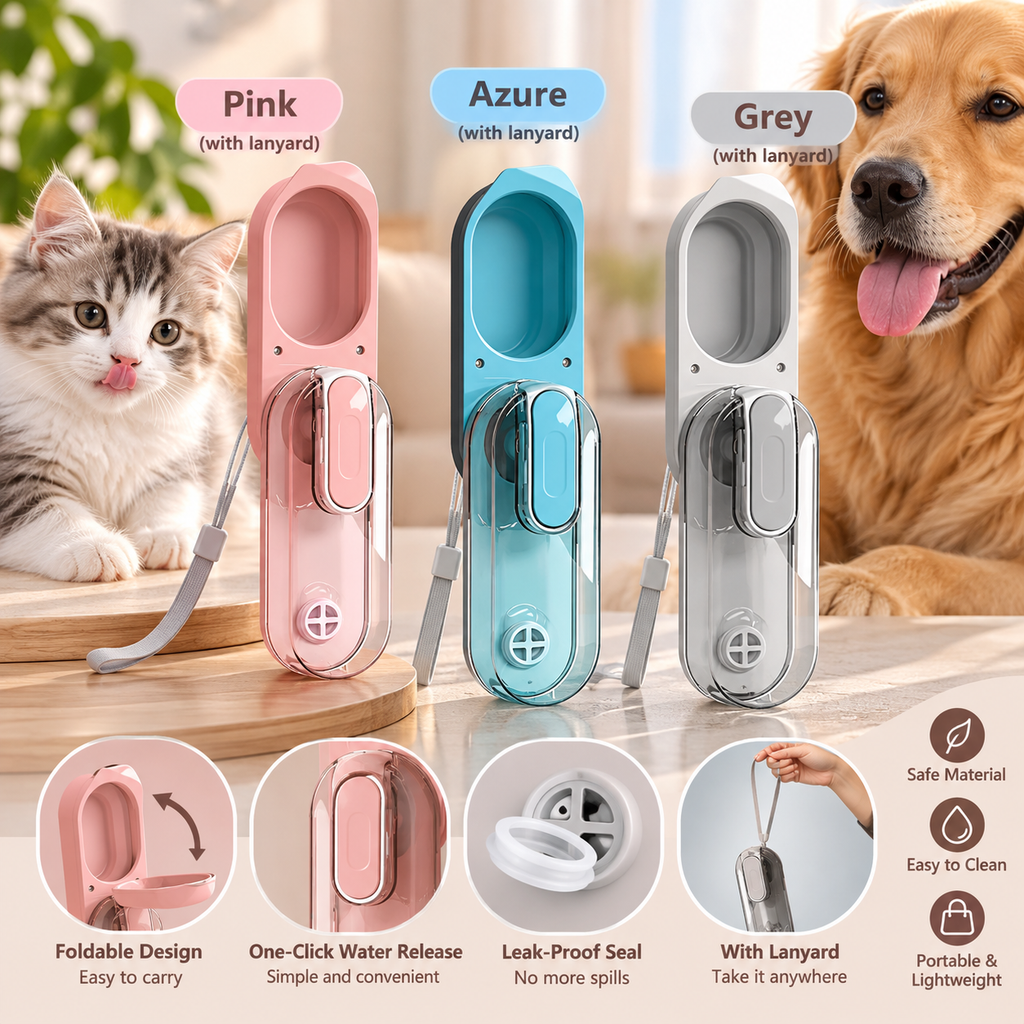 Cat and golden retriever with the PawTec Foldable Travel Water Bottle shown in pink, blue and gray