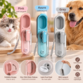 Cat and golden retriever with the PawTec Foldable Travel Water Bottle shown in pink, blue and gray