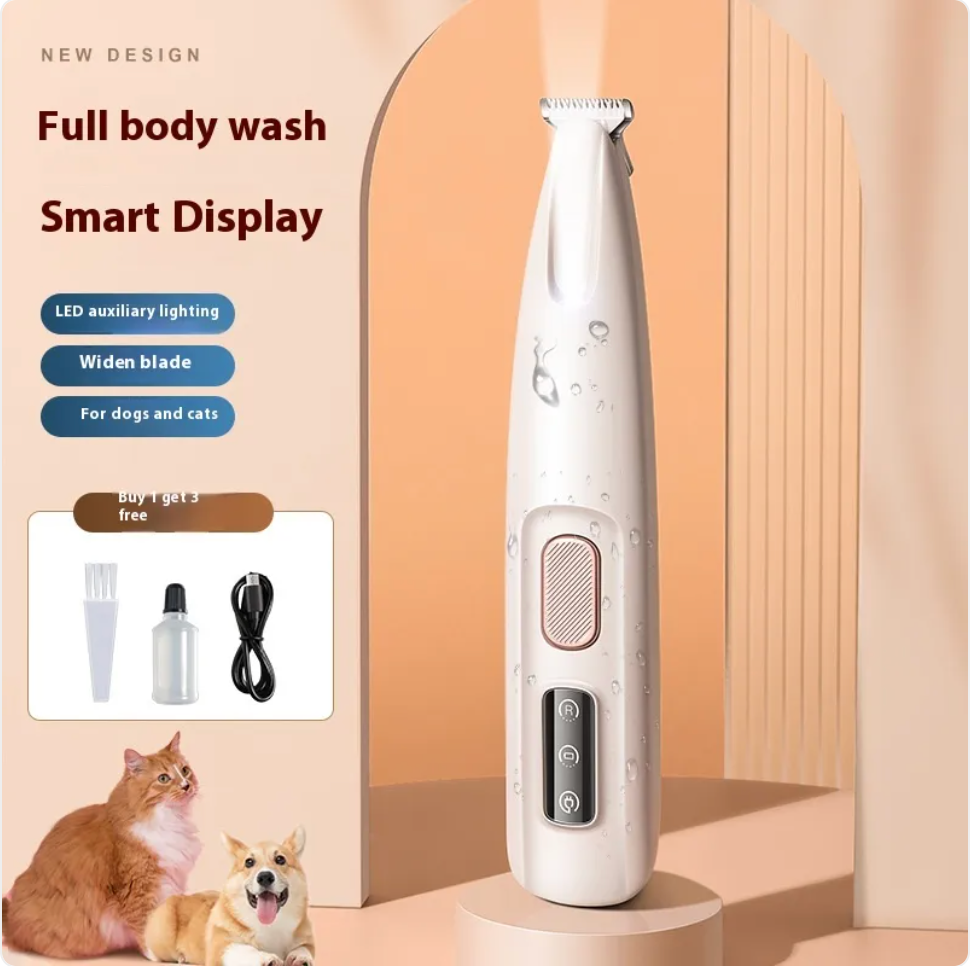 PawTec Precision Paw Trimmer displayed with its accessory kit near a cat and a dog