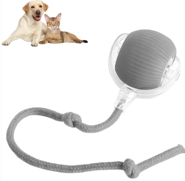PawTec Smart Rolling Pet Ball in gray with an attached rope for interactive play