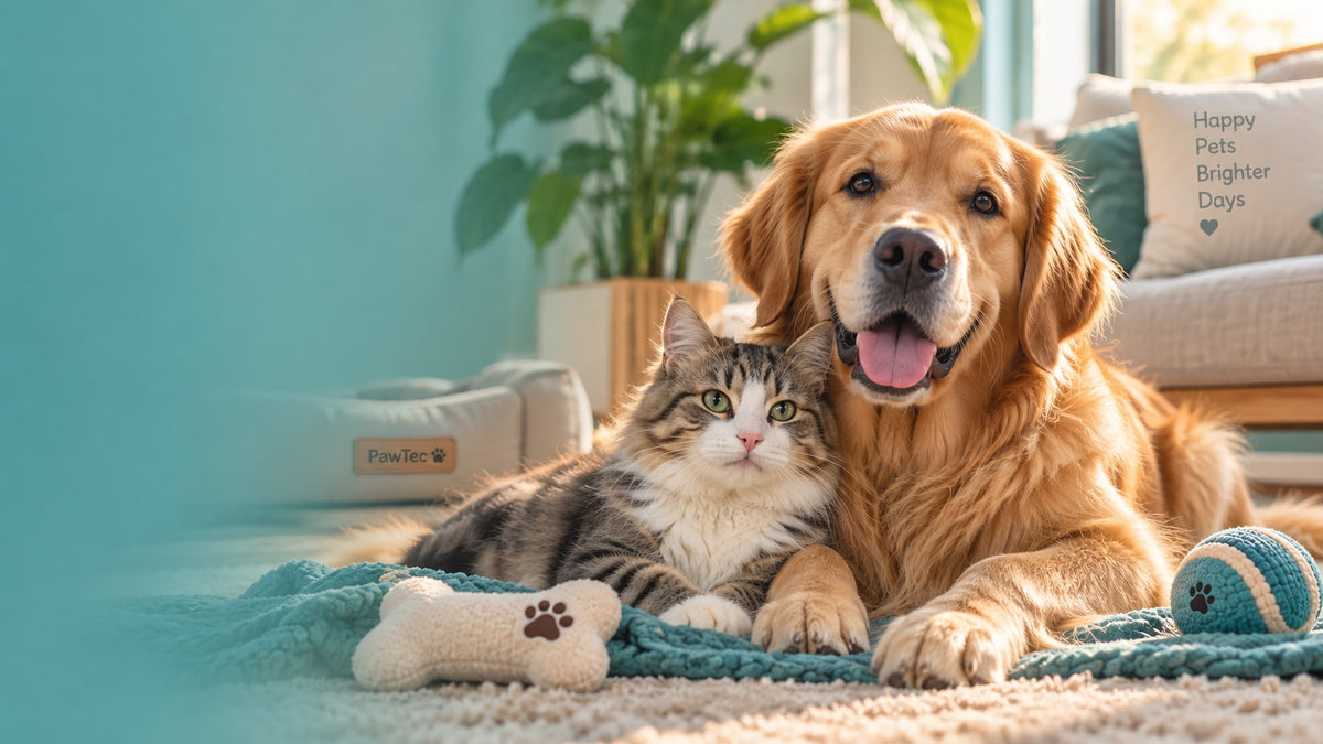 Golden retriever and cat relaxing together at home with PawTec pet products