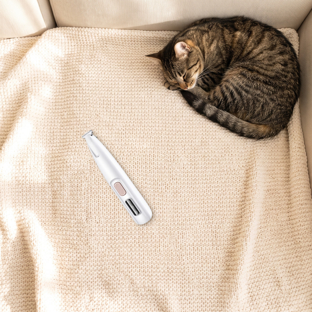 PawTec Precision Paw Trimmer on a knit blanket beside a sleeping tabby cat