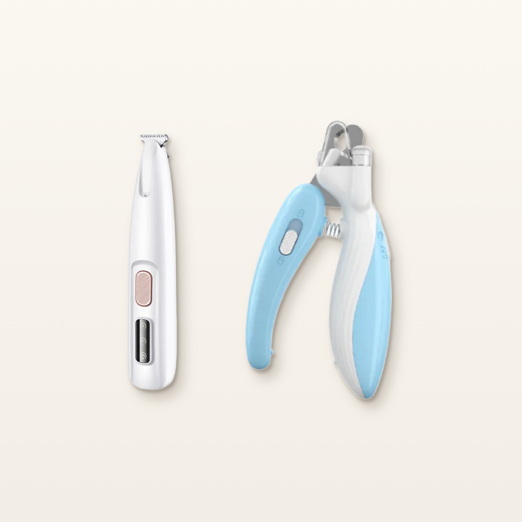 PawTec Precision Paw Trimmer next to a blue and white pet nail clipper