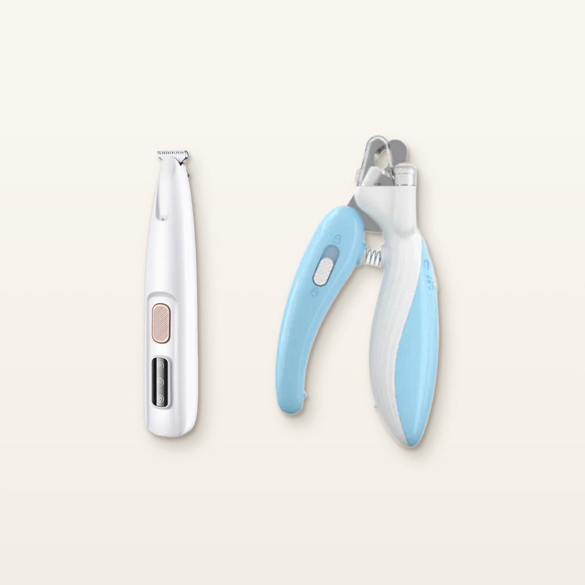 PawTec Precision Paw Trimmer next to a blue and white pet nail clipper