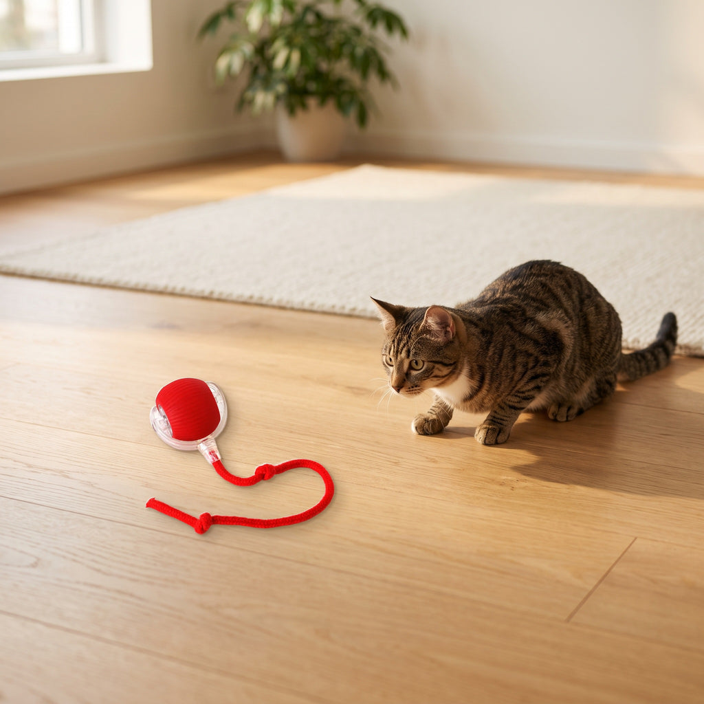 Tabby cat crouching near a red PawTec Smart Rolling Pet Ball on a wooden floor