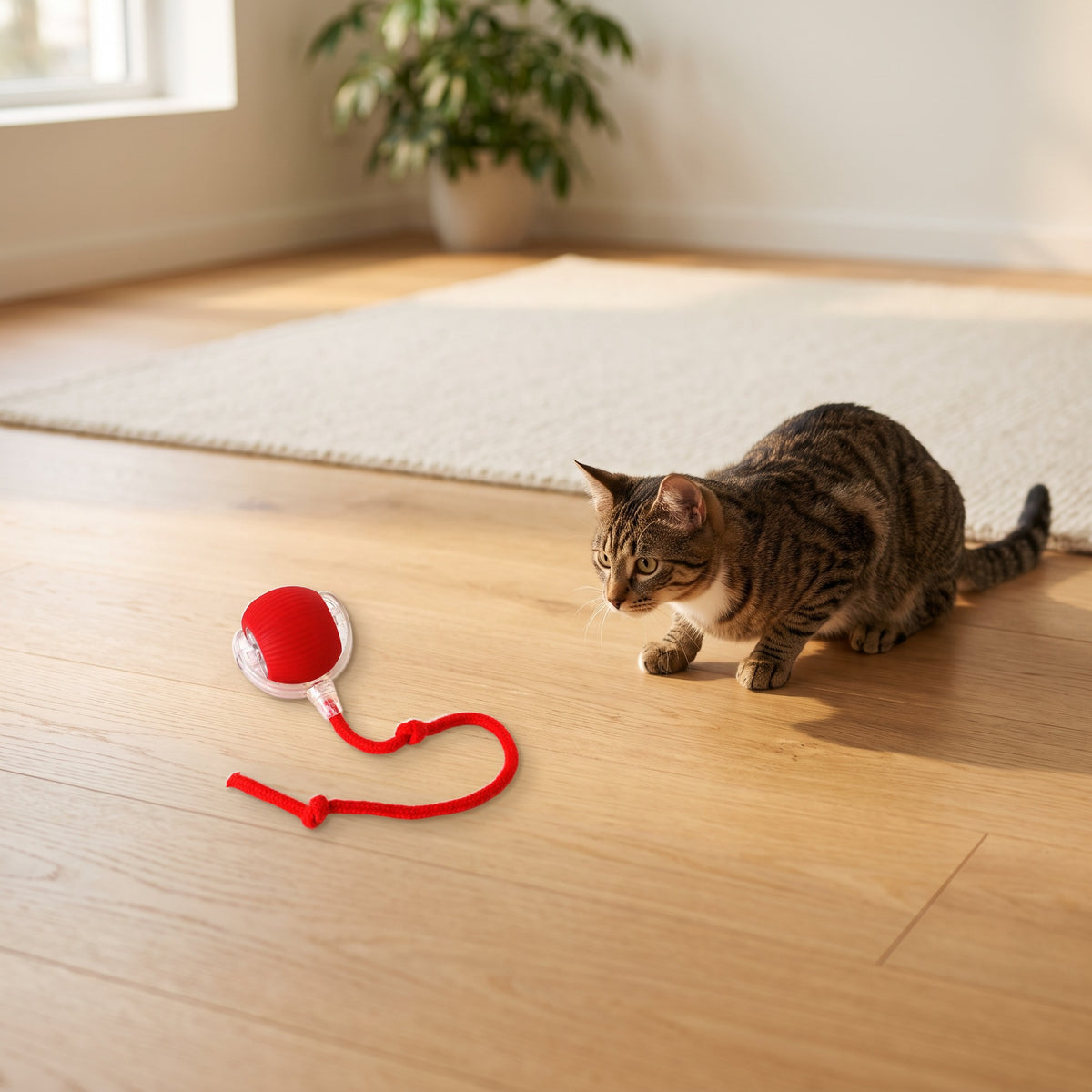 Tabby cat crouching near a red PawTec Smart Rolling Pet Ball on a wooden floor