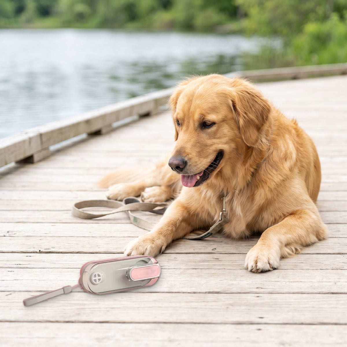 Golden retriever resting on a lakeside boardwalk next to a pink PawTec Foldable Travel Water Bottle