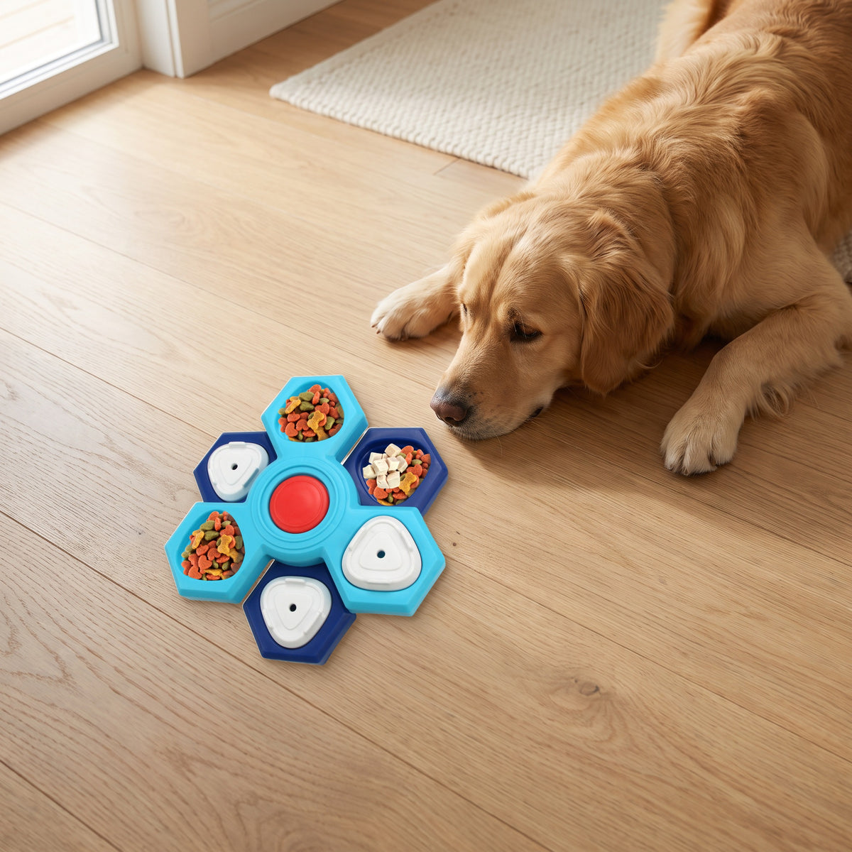 Golden retriever lying beside the PawTec Interactive Treat Puzzle on a wooden floor