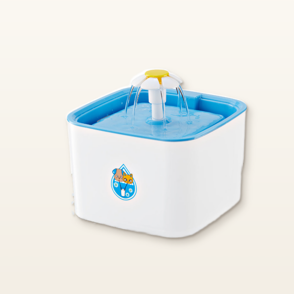 PawTec Automatic Pet Water Fountain, white with a blue top and flower-shaped spout