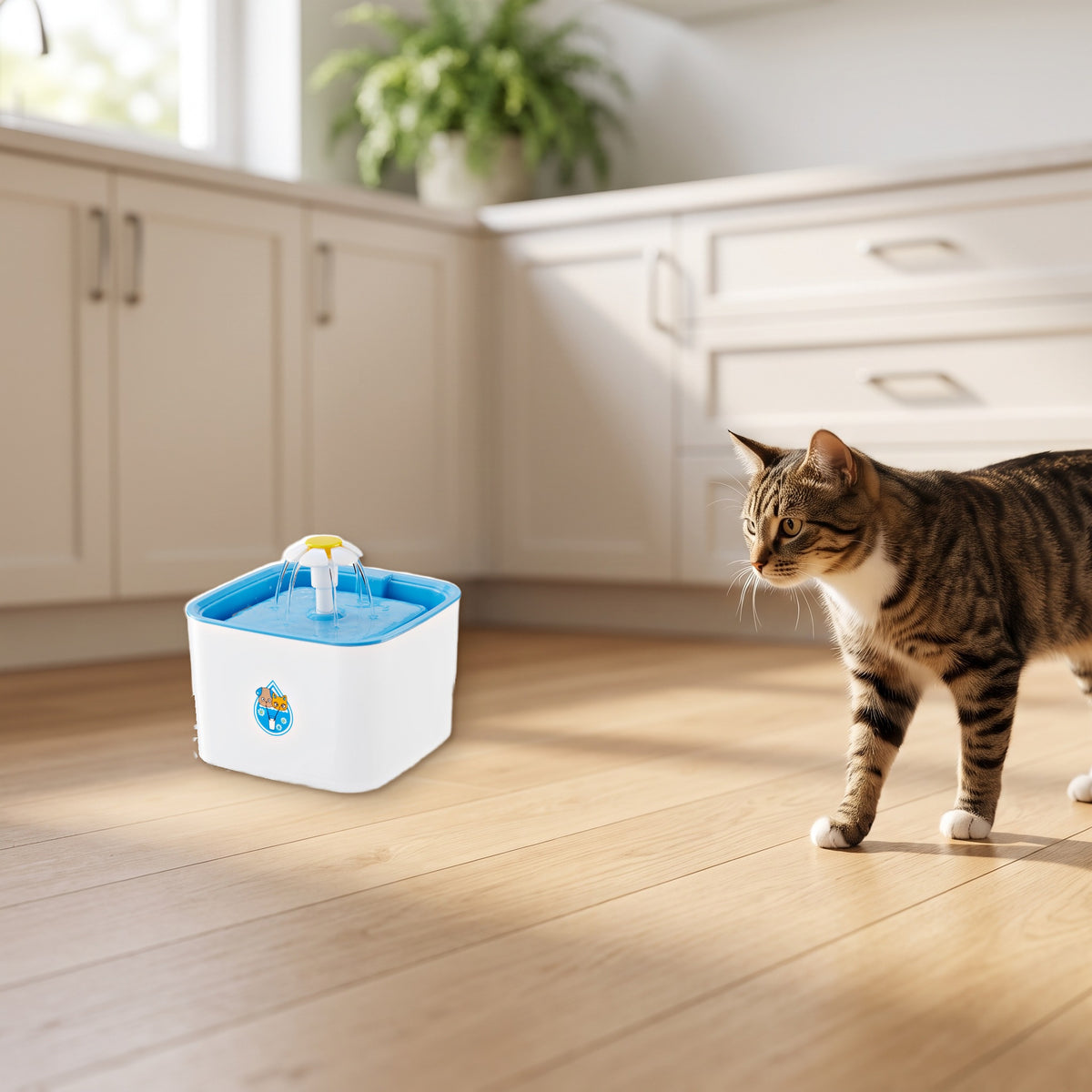 Tabby cat walking toward the PawTec Automatic Pet Water Fountain in a kitchen